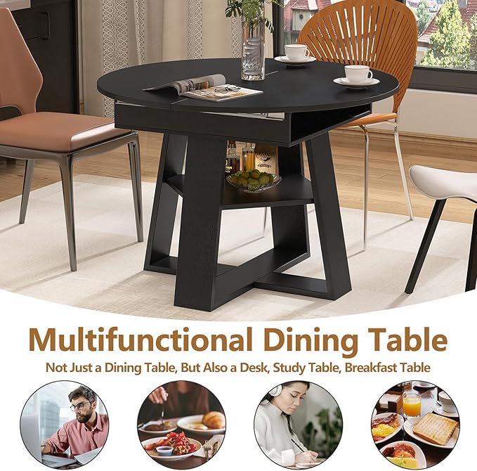 Round Dining Table for 4-8 People, 43.3"-59" Oval Dining Table Space Saving, Expandable Kitchen Table with Smooth Glide Mechanism Modern Design & Wood Base for Small Space (Black)