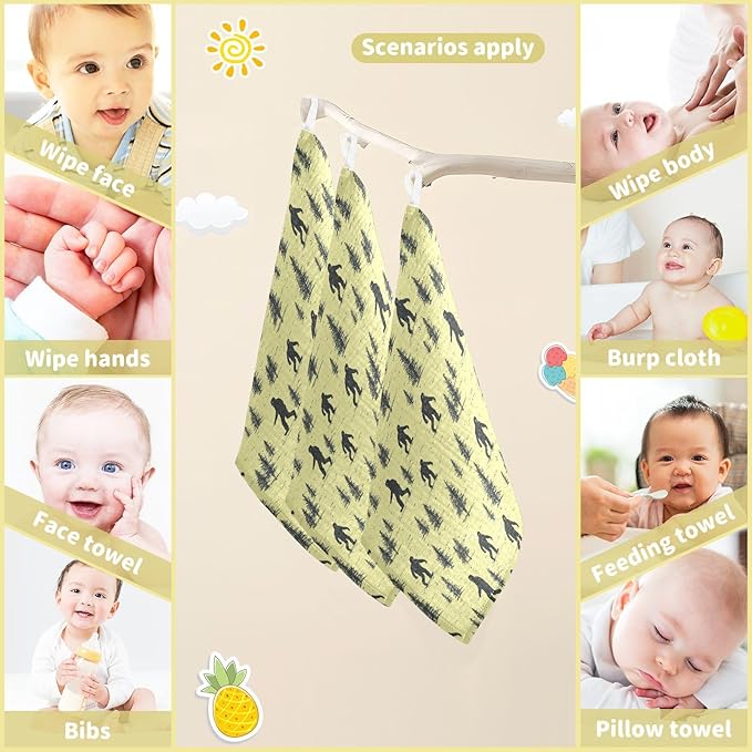Bigfoot Baby Washcloths Newborn Muslin Burp Cloths 3 Pack Soft Cotton Baby Face Bath Towel Drool Bibs for Infants, Girls and Boys 11.8 x 11.8 Inch