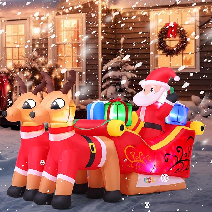 7.8Ft Christmas Inflatables Outdoor Decorations with Colorful LED Lights, Christmas Inflatables Santa Claus on Sleigh with 2 Reindeer Deer Gift Box, Blow Up Yard Decor for Indoor Xmas Party Patio Lawn