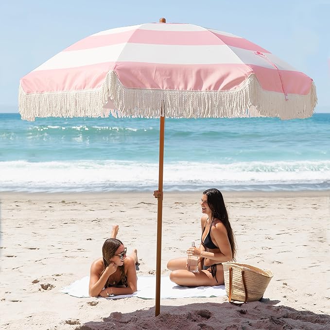 AMMSUN 7ft Patio Umbrella with Fringe Outdoor Tassel Umbrella UPF50+ Premium Steel Pole and Ribs Push Button Tilt, Riviera Pink Stripe