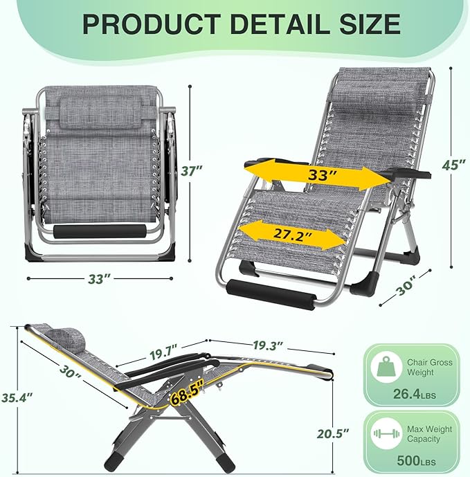 Suteck Oversized Zero Gravity Chair,33In XXL Lounge Chair w/Removable Cushion&Headrest, Reclining Camping Chair w/Upgraded Lock and Footrest, Reclining Patio Chairs Recliner for Indoor Outdoor,500LBS