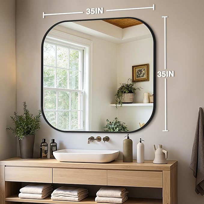 Bathroom Mirrors for Over Sink, 35x35 Vanity Squircle Mirror for Bathroom Sink, HD Shatterproof Square Wall Mirror for Bathroom Washroom Lavatory Restroom Metal Frame