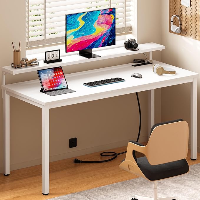 Need 60 inch Computer Desk with LED Lights & Power Outlets, Large Home Desk with Monitor Shelf, Writing Table Gaming Desk Home Office Desk, White