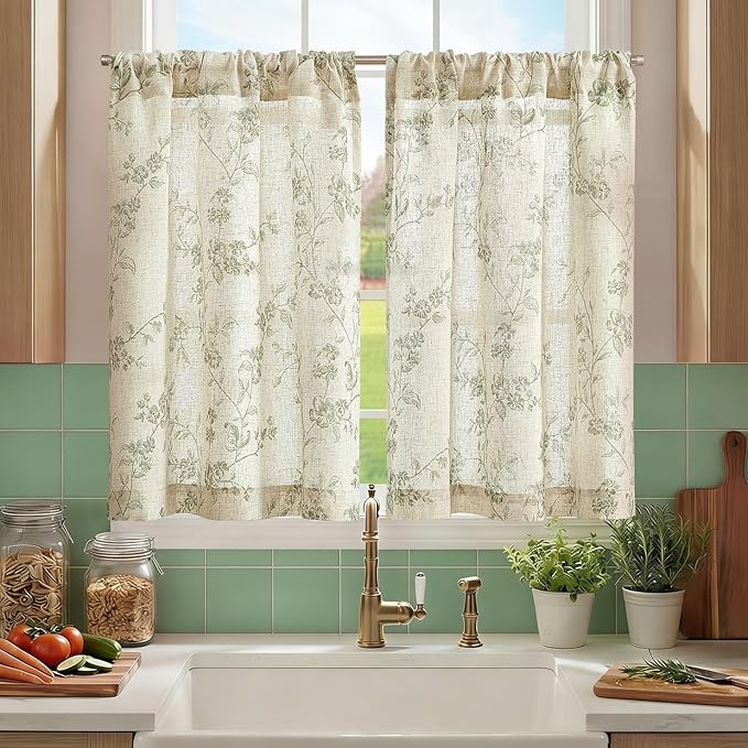 jinchan Floral Kitchen Curtains 36 Inch Linen Tier Curtains Farmhouse Cafe Half Window Drapes Over Sink Light Filtering for Living Room Laundry RV Rod Pocket 2 Panels Sage Green on Beige