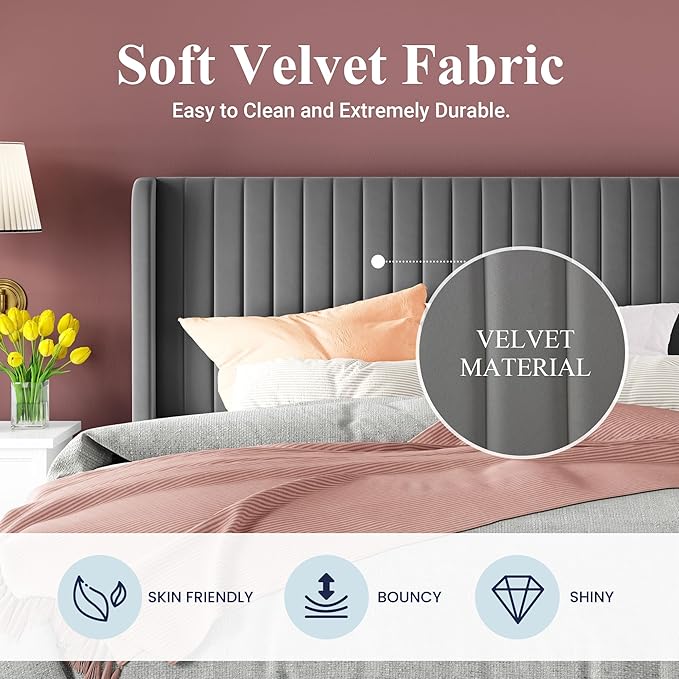 Allewie King Size Velvet Bed Frame/Vertical Channel Tufted Wingback Headboard/Upholstered Platform Bed/No Box Spring Needed/Strong Wooden Slats/Easy Assembly/Grey