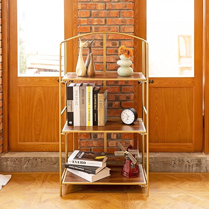 Crofy No Assembly Folding Bookshelf for Living Room, 3 Tier Gold Collapsible Book Shelf for Home Office, Portable Bookcase Storage Organizer