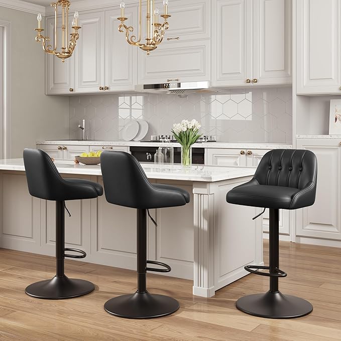 Bar Stools Set of 3, Swivel Bar Chairs, Modern Adjustable PU Leather Upholstered Barstools Counter Height with Tufted Back for Bar, Kitchen Counter Island, Dining Room, Black