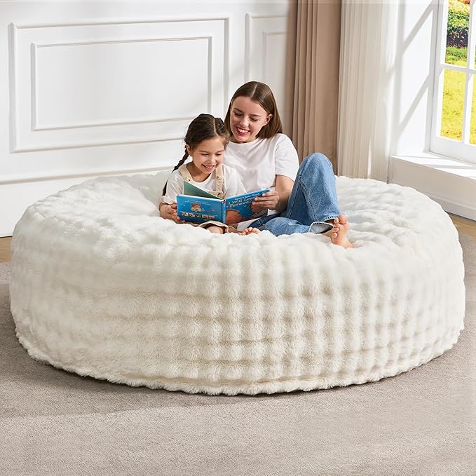 Hobestluk Bean Bag Chairs 6ft Beanbag Chair with Filler Adult Bean Bags with Fluffy & Machine Washable Cover, Giant Bean Bag Chairs for Aduts (White, 6FT-70" x 70" x 15")