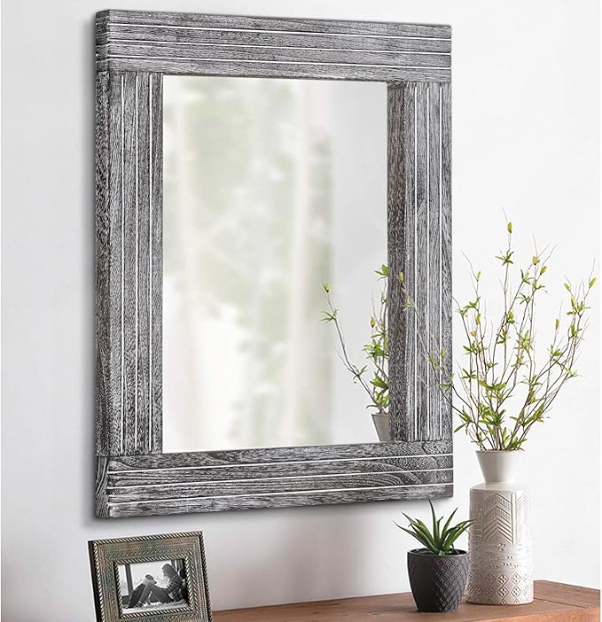 Large Wall Mirror Farmhouse Vintage Rustic Wood Framed Rectangular Mirror Decorative Dressing Table Entrance Bedroom Bathroom Mirror 26"x18"