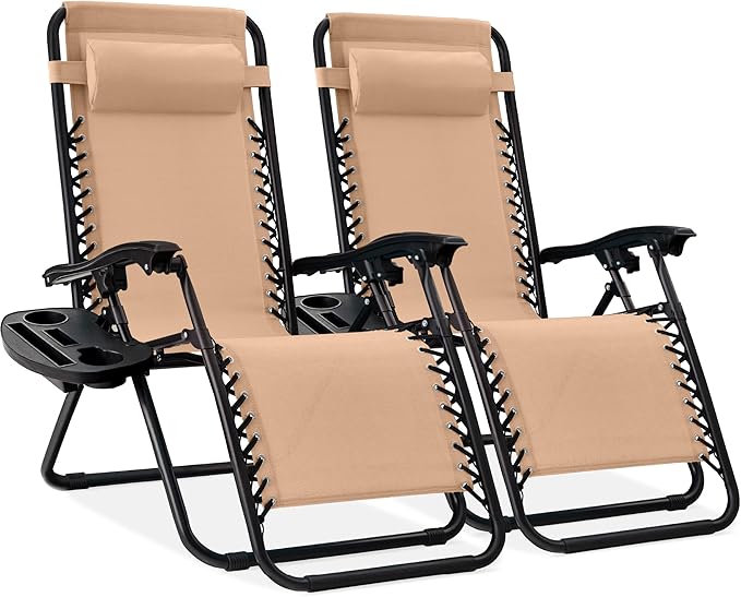 Best Choice Products Set of 2 Adjustable Steel Mesh Zero Gravity Lounge Chair Recliners w/Pillows and Cup Holder Trays - Beige