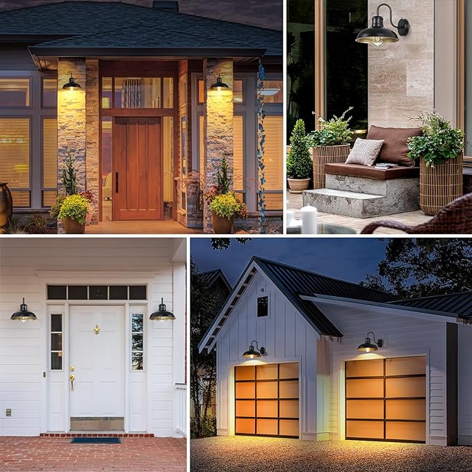 TOBUSA 2-Pack Dusk to Dawn Outdoor Wall Lights, 10’’ Waterproof Farmhouse Gooseneck Outdoor Barn Light, Anti-Rust Vintage Black&Gold Outside Wall Sconce Lights for House Porch Garage