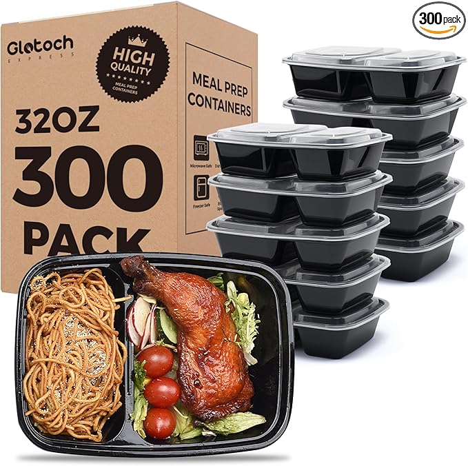 Glotoch Express 300 Pack 32oz Black 2 Compartment Square Meal Prep Containers