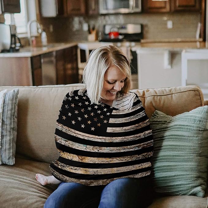 Shabby Chic American Flag on Wooden Grain Baby Nursing Cover for Breastfeeding, Breathable Stretchy Nursing Scarf Carseat Canopy for Boys or Girls Stroller Car Seat Covers Western Farm