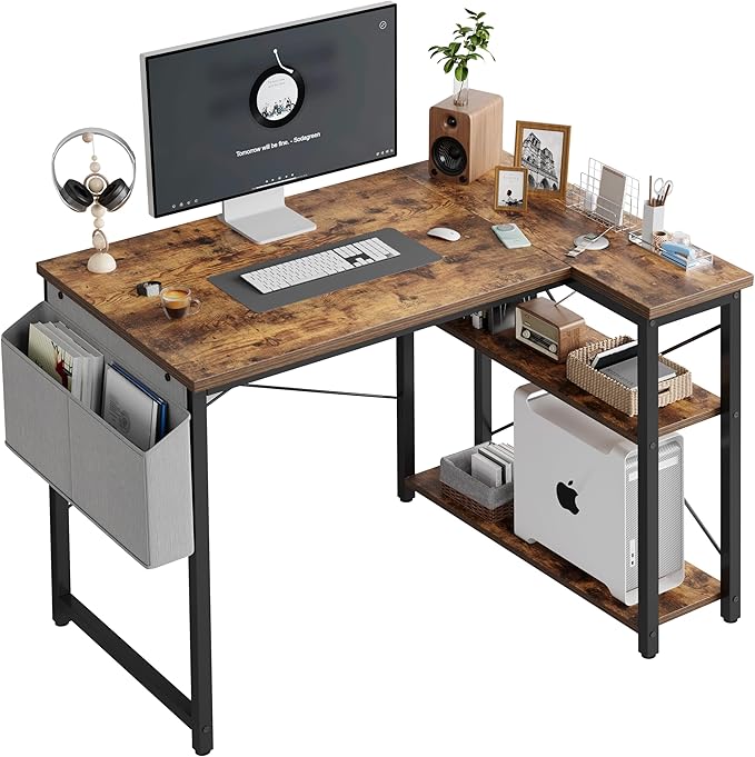 L Shaped Computer Desk with Reversible Shelves, 40 Inch Small Corner Desk with Storage Bag, Gaming Desk Computer Table Study Writing Desk for Home Office Small Space, Rustic Brown