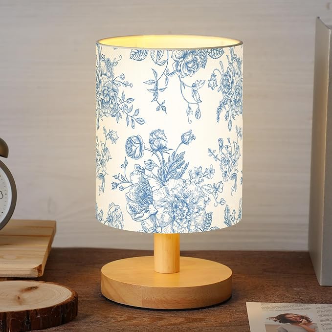 VIHOSE Blue Floral Kids Table Lamp for Bedroom Kids Bedside Lamp with Linen Wooden Nightstand Cartoon Nursery Lampshade for Girls Boys Living Room