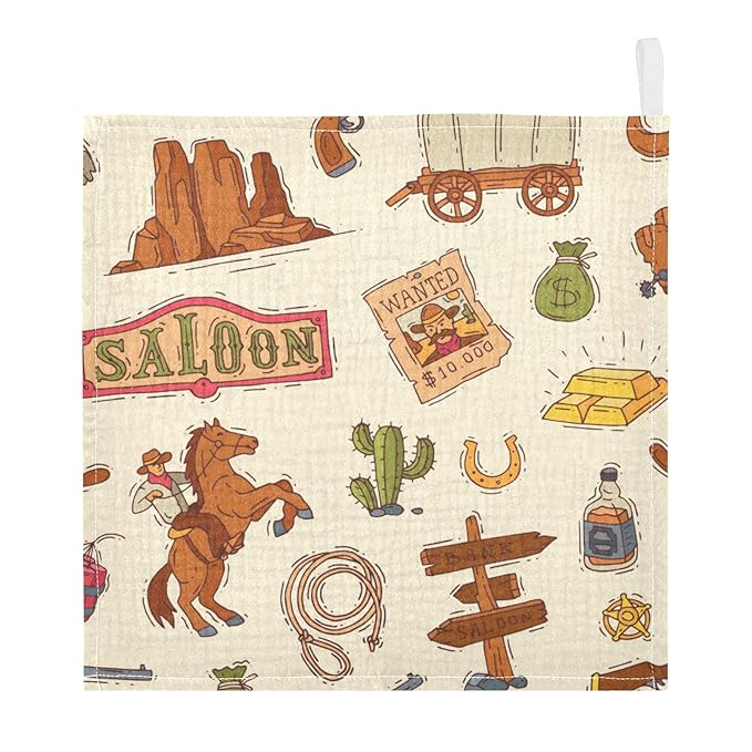Cowboy Sheriff Burp Cloths for Boys & Girls, 5 Pack Wild West Western Muslin Washcloths Newborn Face Bath Towel Soft Absorbent Cotton Wash Cloth Baby Registry, 12 x 12 Inch