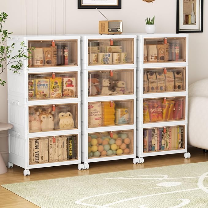 4 Tier Stackable Storage Bins with Lids, 28Qt Plastic Storage Containers with Magnetic Doors & Wheels, Convenient Storage Bins Closet Organizers, Rigid Household Organization for Home