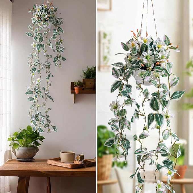 2PCS Artificial Hanging Plant with Pot Faux Hanging Plants Small Hanging Plants Pot with Artificial Vines and Flower Greenery Decoration for Living Room Wall Home Wall Shelf