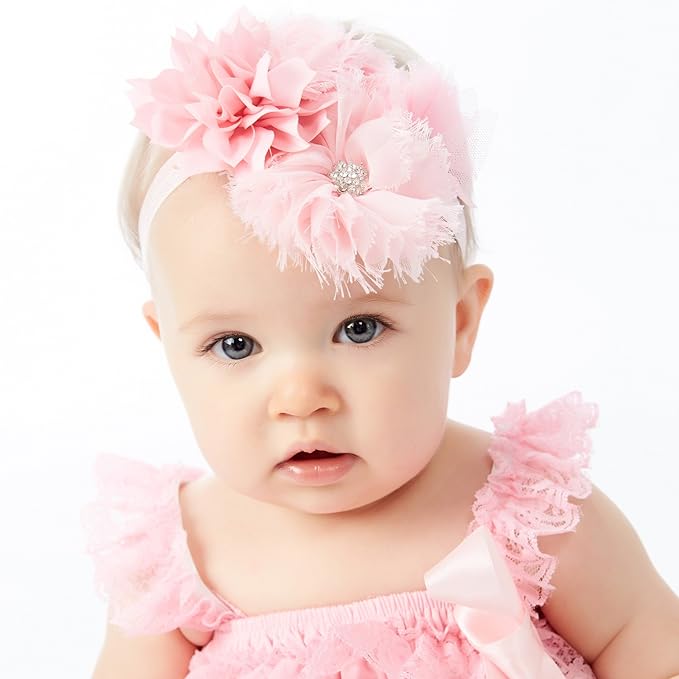 My Lello Headband Shabby Fabric Flower Cluster Baby - Infant - Toddler - Girl Stretchy Elastic White/Hot Pink Chevron