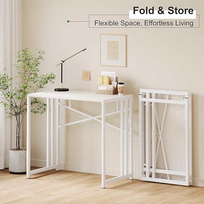 35 inch Small Folding Desk, Writing Gaming Computer Camping Desk for Small Spaces, No Assembly Required Home Office Table, Natural and White