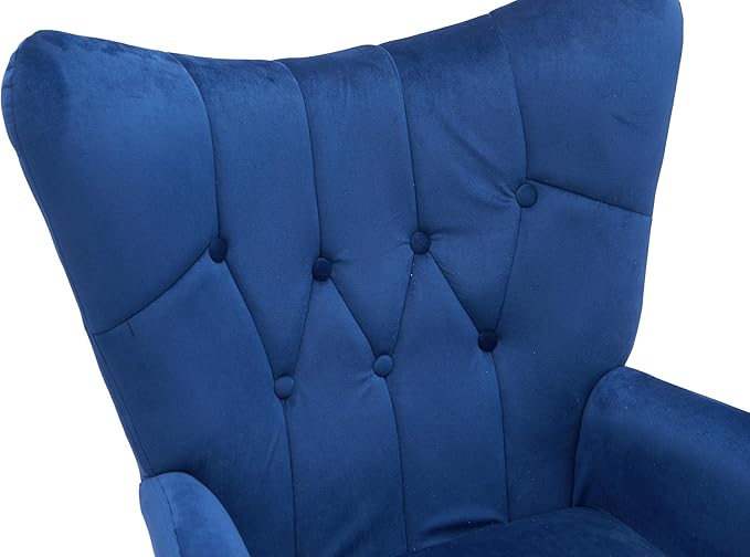 Container Furniture Direct Modern Chic Mid-Century Velvet Accent Armchair for Living Room, Bedroom, or Home Office, Button-Tufted Wingback Design with Gold Flared Legs, Navy Blue
