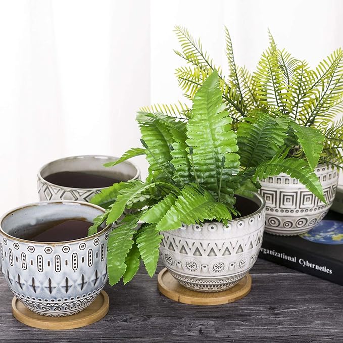 VanEnjoy 5.6 inch Large Round Bohemian Style Ceramic Planter, Geometry Engrave Off White Brown Succulent Planter Flower Pot, Indoor Outdoor Decorative Planter