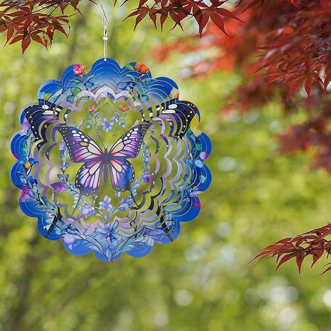 Outdoor Butterfly Wind Spinners-12 Inch Butterfly Decor Outdoor Hanging Wind Sculptures Birthday Gifts for Women Mom Wife Grandma 3D Wind Spinner for Garden Decor for Outside, Garden, Patio, Yard