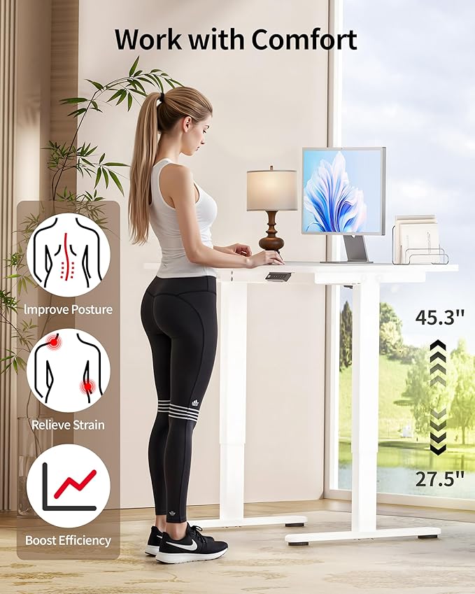 Okin Standing Desk Electric Adjustable Computer Whole Piece Stand up Desk Office Gaming Home Office Memory Desks 48x24 inches White