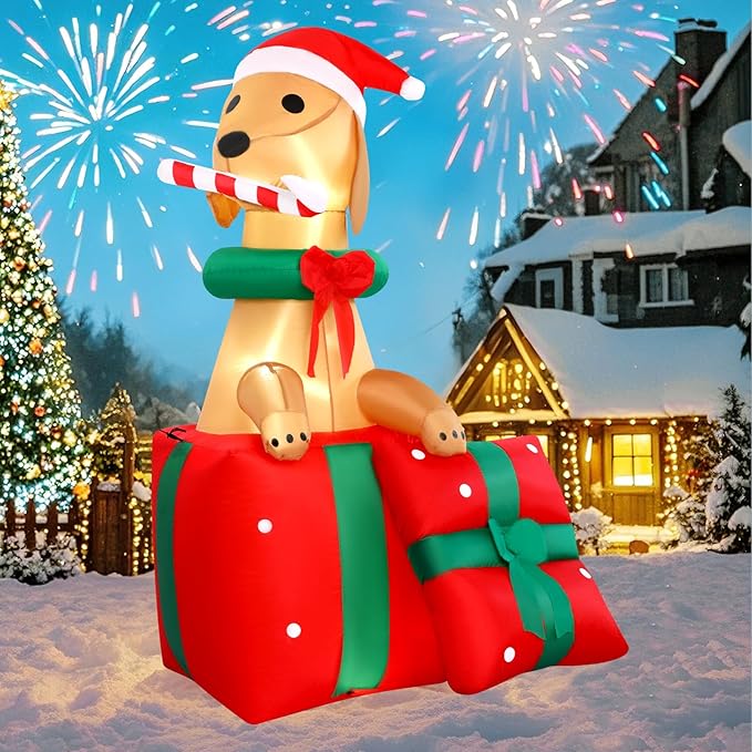 5FT Dog Christmas Inflatables Outdoor Golden Retriever Christmas Indoor Blow Ups Yard Decorations Inflatable Ouside Xmas Funny Blow Ups Holiday Yard Decorations for Party Garden Lawn Holiday Decor