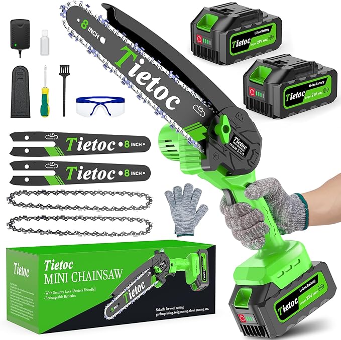 Tietoc Mini Chainsaw 8 inch Cordless with 2x 4000mAh Batteries, Battery Powerd Chain saw with Oiler, Lightweight Handheld Saw for Hous