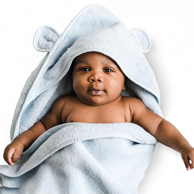 Natemia Hooded Baby Bath Towel - 100% Organic Cotton Baby Towels for Newborns, Toddlers, Boys, Girls - Soft Absorbent 450 GSM - Gentle on Sensitive Skin - Baby Shower Registry Gift (Blue, 35" x 35")