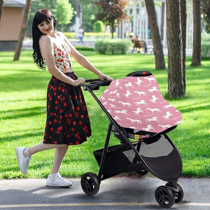 Personalized Baby Car Seat Cover for Babies, Custom Name Baby Car Seats Canopy for Girls, Nursing Breastfeeding Stroller Covers for Infant Newborn, Shower Gift (Running Horse Pink)