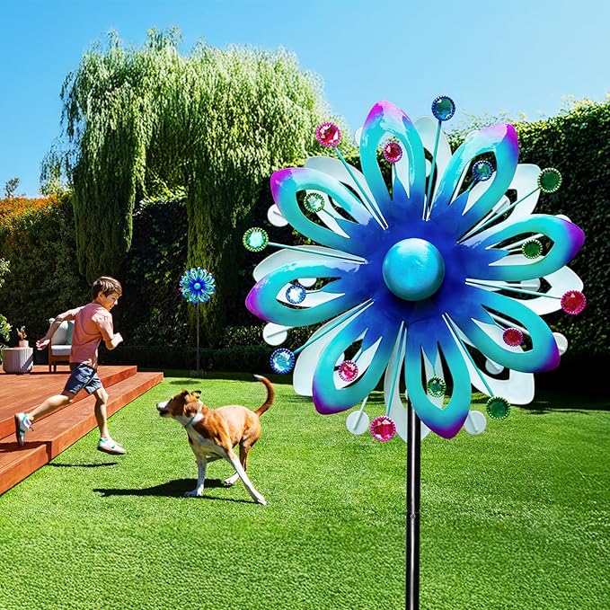 Solar Wind Spinners, 60.63" Outdoor Metal Stake Yard Wind Sculpture,Solar Powered Multi-Color LED Glass Ball with Kinetic Wind Spinners for Yard and Garden Lawn Patio Decor
