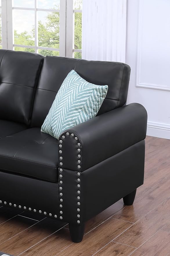 Ball & Cast 98" L Shaped Sectional Couch for Living Room with Chaise & Coffee Table,4 Seat Faux Leather Upholstered Modular Sectional Sofa Set 2 PCS W/Cup Holders & Nailhead Trim,for Home,Office,Black