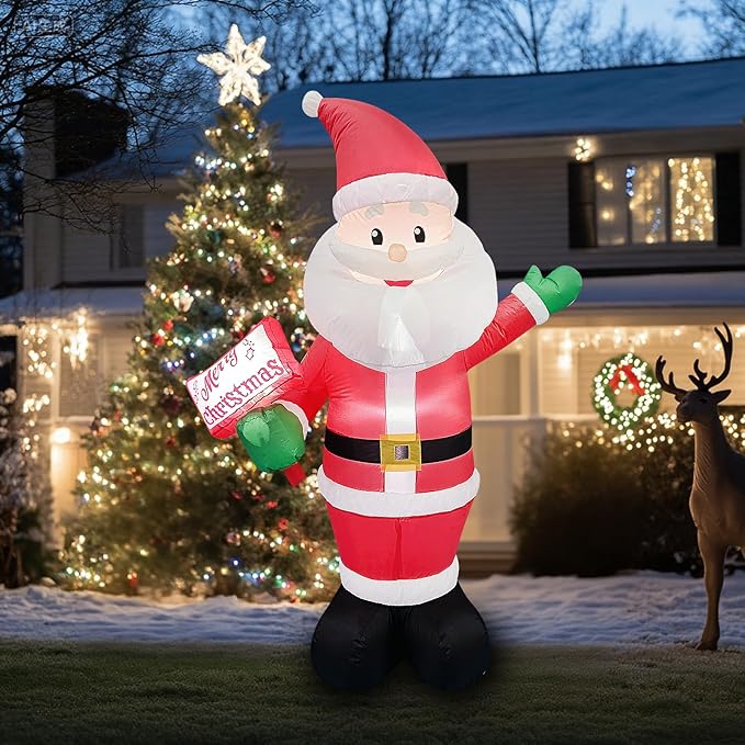 6FT Christmas Inflatable Blow up Lighted Yard Decoration Suitable for Christmas Indoor Outdoor Xmas Yard Party Holiday Garden Decor (Sign-Holding Santa Inflatable)