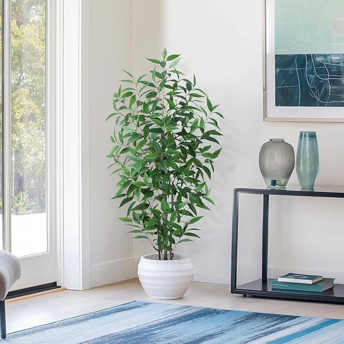 Ficus Artificial Tree -5FT Faux Eucalyptus Trees with Pots, Green Lifelike Leave for Fake Floor Plant,Realistic Artificial Plants Indoor Outdoor Office
