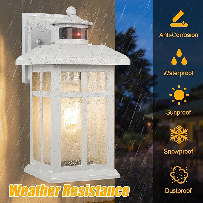 2 Packs Motion Sensor Outdoor Lights, Outside Light Fixtures for House White, Porch Lights Outdoor 2- Pack with E26 Sockets & Tempered Glass, Waterproof Exterior Wall Lights Motion Sensor