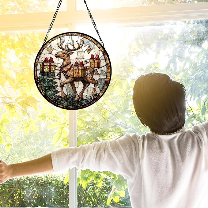 Stained Glass Window Hanging, Christmas Tree Elk Sun Catchers Colorful Glass Panel Retro Suncatcher Decor for Birthday for Women, Men, Wife, Aunt, and Mom 7.8 in