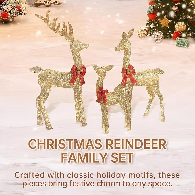 4.3 FT Outdoor Christmas Decorations Deer, 3 Pcs Family Outdoor Lighted Xmas Deer, 210 Lights 52" Buck 47" Doe 29" Fawn Large Christmas Reindeer for Garden Patio Lawn Holiday Decorations - Gold