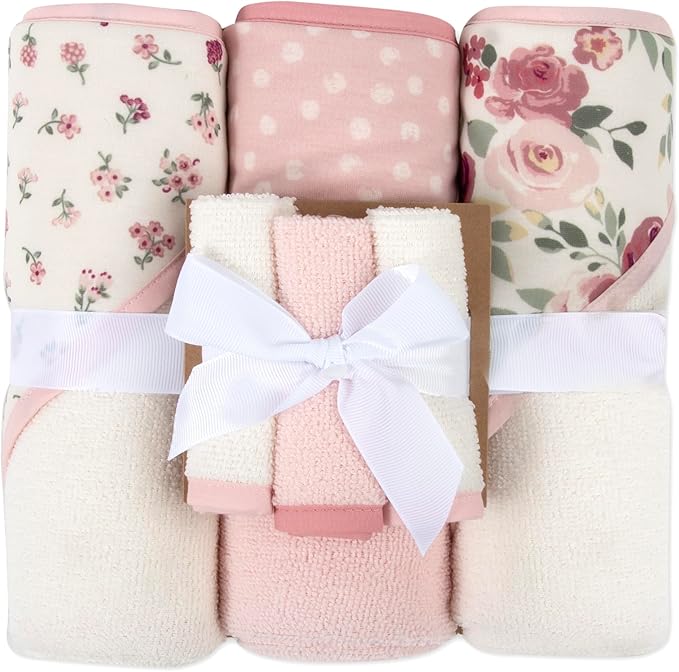 Hooded Baby Bath Towel and Washcloth 6 Piece Set for Newborns, Infants & Toddlers, Boys & Girls Baby Hooded Towels Set (Roses & Blossoms)
