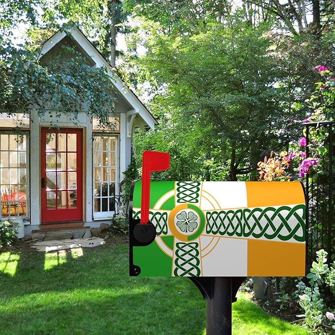 Celtic Irish Flag Mailbox Cover - St. Patrick's Day Clover Shamrocks Wrap - Farmhouse Home Magnetic Mailbox Covers - Standard Size 18"x21"