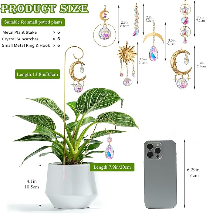 HDCRYSTALGIFTS 6PCS Small Trellis with Crystal Sun Catchers for Potted Plants, 13.5inch Fairy Garden Plant Stakes Suncatchers for Mini Potted Indoor Outdoor Decorations (Sun & Moon Styles)