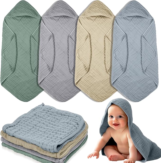 VitalCozy 8 Pcs Baby Muslin Hooded Bath Towels and Washcloths Muslin Cotton Hooded Baby Towels Absorbent Blankets for Gift Newborn Infant Shower (32 x 32 Inch,Pastel Color)
