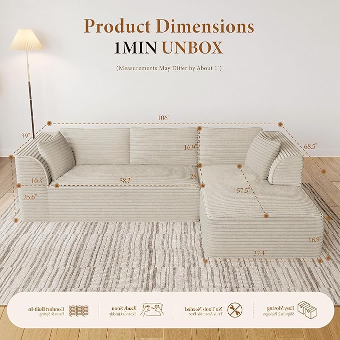 Vesgantti 106" Modular Sectional Sofa with Chaise, Deep Seat Comfy Cloud Couch Corduroy L Shaped Sofa Sectional Couches for Living Room Bedroom, No Assembly Required (Camel, Right-Facing Chaise)