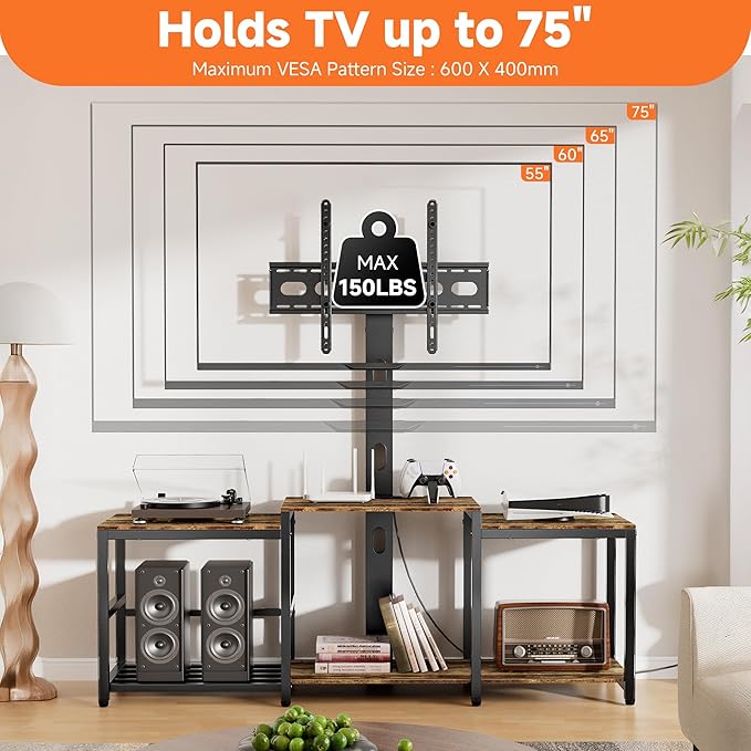 Aquzee TV Stand with Mount for up to 75 inch with Power Outlet, 58”W Wood Entertainment Center with Record Player Storage for 50 55 60 65 70 75 inch TV, Height Adjust Swivel Mounted Television Stand