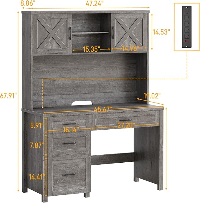 Farmhouse 67" H Executive Desk with Hutch,Office Desk with 4 Drawers and LED Light, Computer Table with Storage Cabinet & File Drawers and Charging Station, Wood Workstation for Home Office and Study
