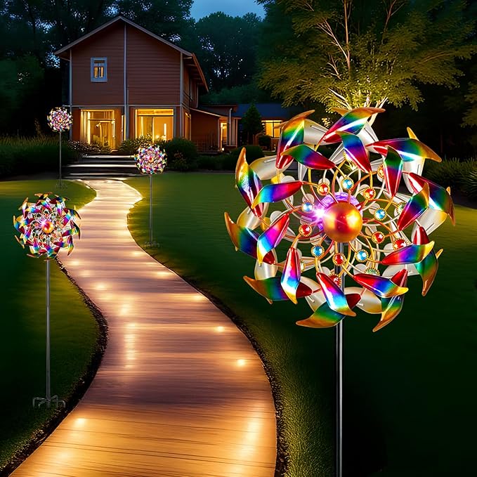 Solar Wind Spinners for Yard and Garden - 360° Metal Large Wind Sculptures Outdoor Clearance Kinetic Windmills with 4 Layer Jeweled Blades for Patio, Lawn Garden Decoration - 54Inch