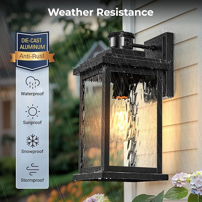 VIANIS Large Advanced Motion Sensor Outdoor Lights, Black Easy-to-Install Dusk to Dawn Outdoor Wall Lights, Aluminum Waterproof Porch Light with Water Glass for Porch, Garden, Front Door