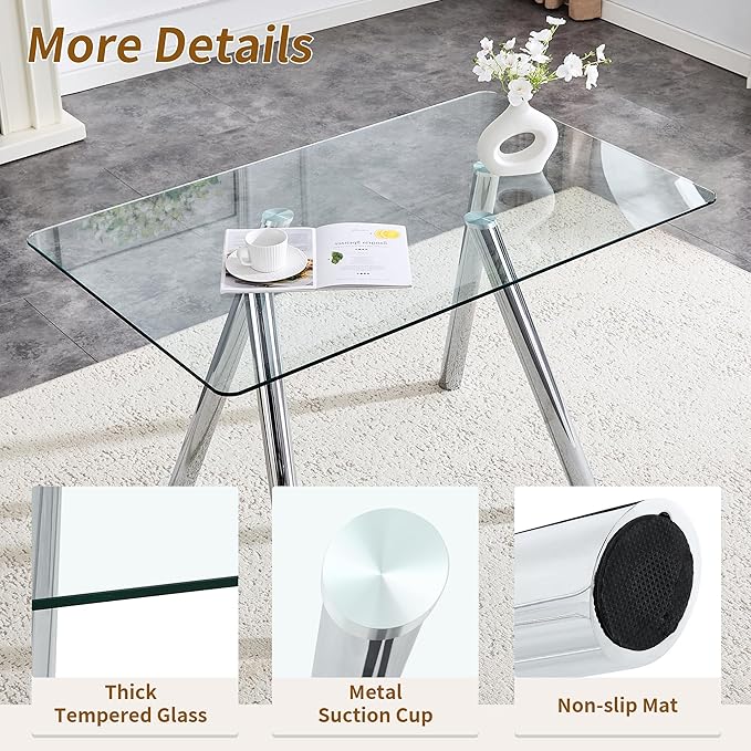 Modern Glass Dining Table for 6, 51.2" Rectangular Dining Table with Tempered Glass Top & Metal Legs, Kitchen Table for Dinner Dining Room Living Room