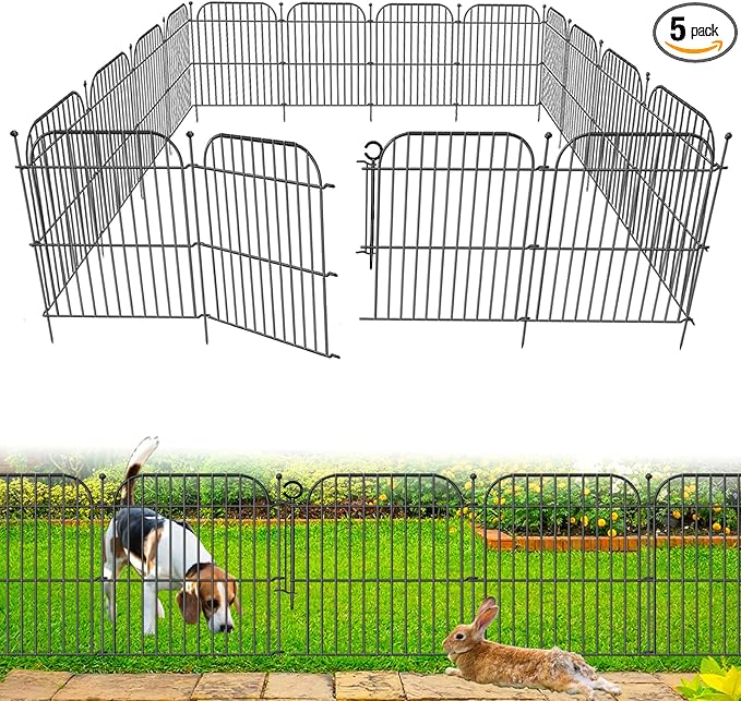 5 Panels No Dig Decorative Outdoor Garden Fence with Gate, 24 in(H) x 10 ft(L) Rustproof Metal Wire Panel Border for Yard & Patio Decor, Temporary Animal Barrier Fencing for Dog and Small Pets